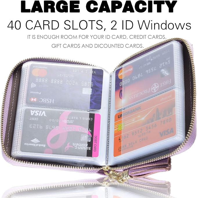 Easyoulife Womens Credit Card Holder Wallet Zip Leather Card Case RFID Blocking (Light Purple)