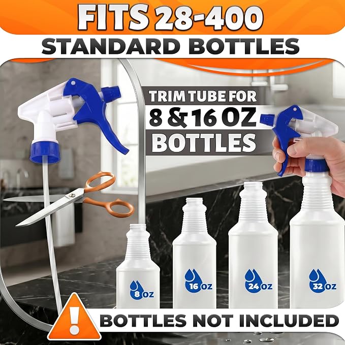 Spray Bottle Nozzle Replacement 12 Pack, Fits 8-32oz Bottles (Blue) | Replacement Trigger Sprayer Heads for Bottles; Fits 28-400 Thread, Trim-to-Fit Tube; for Cleaning, Garden & Pet Carefor