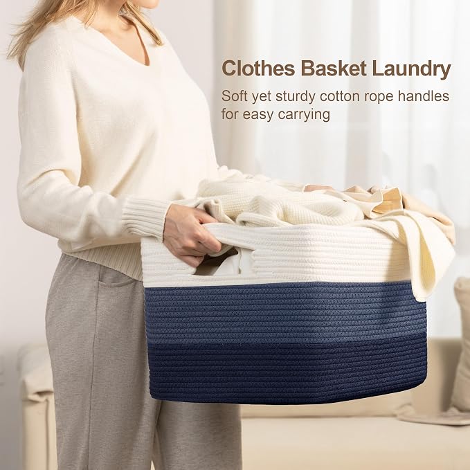 60L Woven Laundry Basket Hamper with Handles, Gradient Blue | 21"x15"x11", collapsible wicker hamper, storage for dirty clothes, toys, blankets, gifts, living room, bedroom, bathroom
