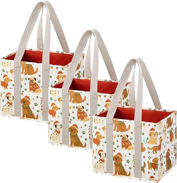 VENO 3 Pack Reusable Grocery Bags, Shopping Bags for Groceries, Tote with Handles and Hard Bottom, Foldable Shopping Cart Organizer, Water Resistant, Heavy-Duty (Holiday Pups, 6 Gallon)