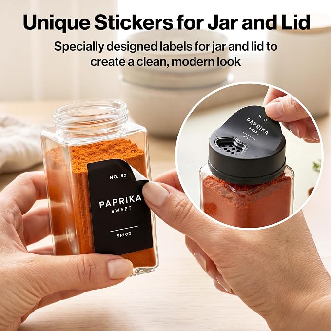 EDELHAUS Glass Spice Jars with Labels & Black Rotating Lids – 12 Large Square Airtight Containers 6.7 oz / 200ml with Shaker Inserts, Funnel & 160 Waterproof Labels for Kitchen Pantry Organization