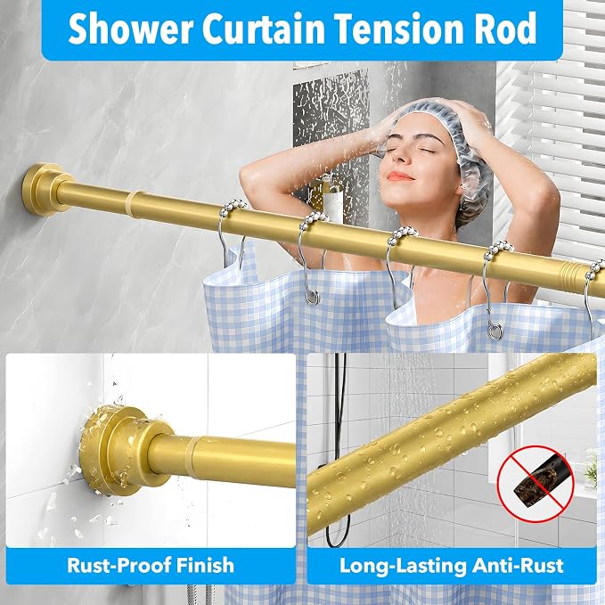 Tension Curtain Rod Gold Tension Rod 28 To 48 Inch Spring Curtain Rods Non Slip Tension Rods 2pcs For Windows No Drilling Adjustable Tension Rods of Curtains Window Closet Kitchen Wardrobe