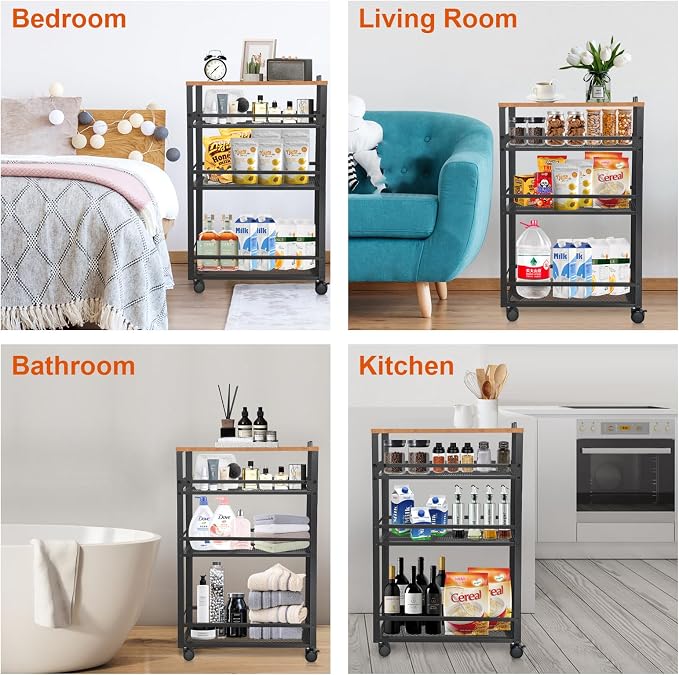 2026 New, Slim Kitchen Storage Cart, 3-Tier Metal Rolling Utility Cart Mesh Basket, Multifunction Wire Basket Shelf Trolley for Home Laundry, Bathroom, Living Room, Black
