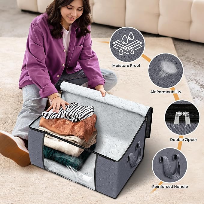 Fab totes Storage Bags,Clothes Blanket Storage Bins Foldable Closet Organizers with Reinforced Handle for Home Dorm Storage and Organization,Fabric Bags for Organizing Sheets,Clothing (Grey,4 Pack)