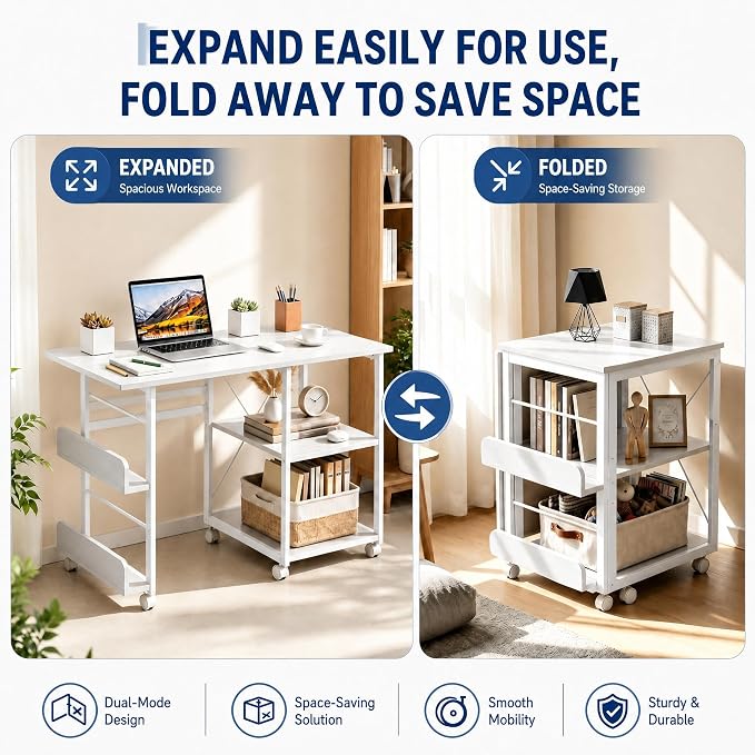 Garvee Folding Desk with Wheels, 31.5" Foldable Computer Desk with Storage Shelf, Space Saving Rolling Home Office Desk for Small Spaces, Portable Writing Table with Side Organizer, White