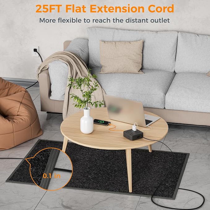 TESSAN Surge Protector Power Strip, 25 Ft Flat Plug Extension Cord with 3 USB (1 USB C) 8 Outlets, 900J Protection, 3 Sided Outlet Extender with Power Switch for Office, Dorm Room, Black