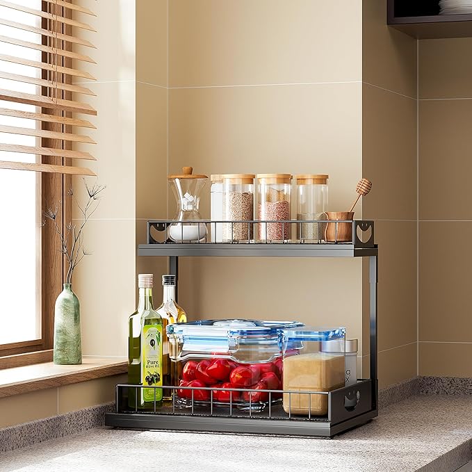 JAQ Under Kitchen Sink Organizer, 2 Tier Metal Slide Out Under Cabinet Storage Shelves Rack for Kitchen Bathroom Pantry Lanudry, Attractive emoji Smile Handle (Black, 1 Pack)