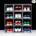 12 Pack Shoe Boxes, Clear Acrylic Stackable Plastic Sneaker Box Container, Magnetic Drop & Side Open Shoe Organizer Case Container With Lids Fits Up to Size 14 (Clear)