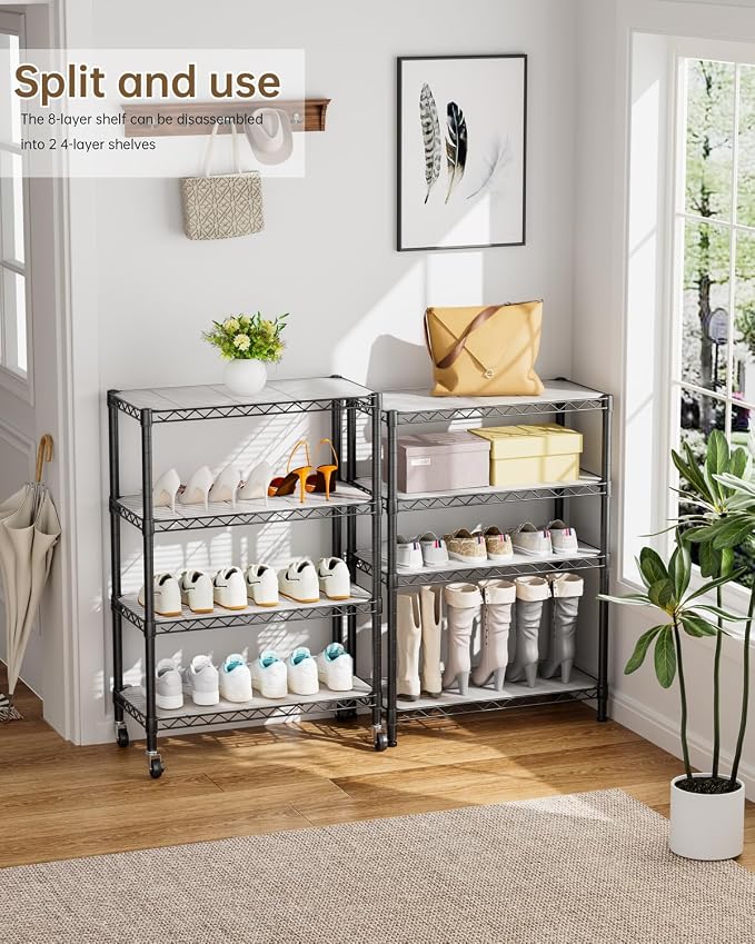 Golpart Shelves Storage Shelf Wire Closet Bathroom Organizers Metal Pantry | 8 tier Kitchen Garage Shelving Unit Laundry Room Organization Home Rack Net Basket Black with Wheels 11.7”D X 22”W X 74.2”H