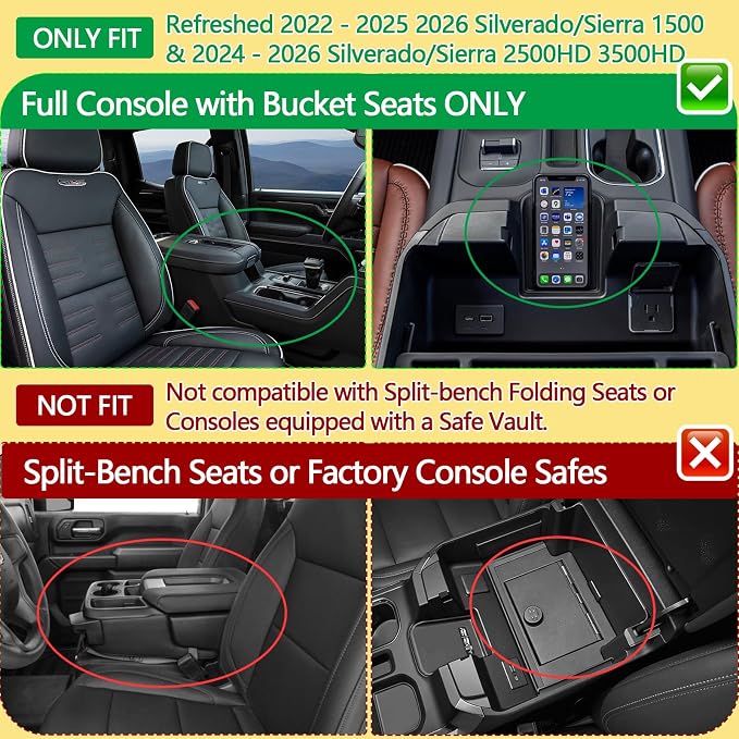 Center Console Organizer Tray for 2022-2026 Chevy Silverado & GMC Sierra | For Refreshed 2022-2026 Silverado/Sierra 1500 & 2024-2026 Silverado/Sierra 2500HD 3500HD, Full Console w/Bucket Seat ONLY