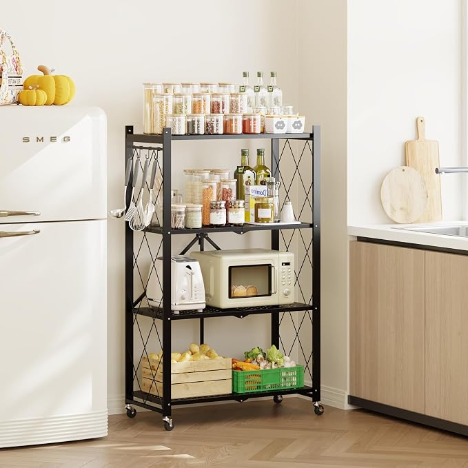 Fenbeli Foldable Shelves with Wheels - 4 Tier Folding Shelf, Collapsible No Assembly Metal Shelving Unit, Origami Storage Shelves & Rolling Storage Rack with 8 Hooks for Kitchen Pantry Garage