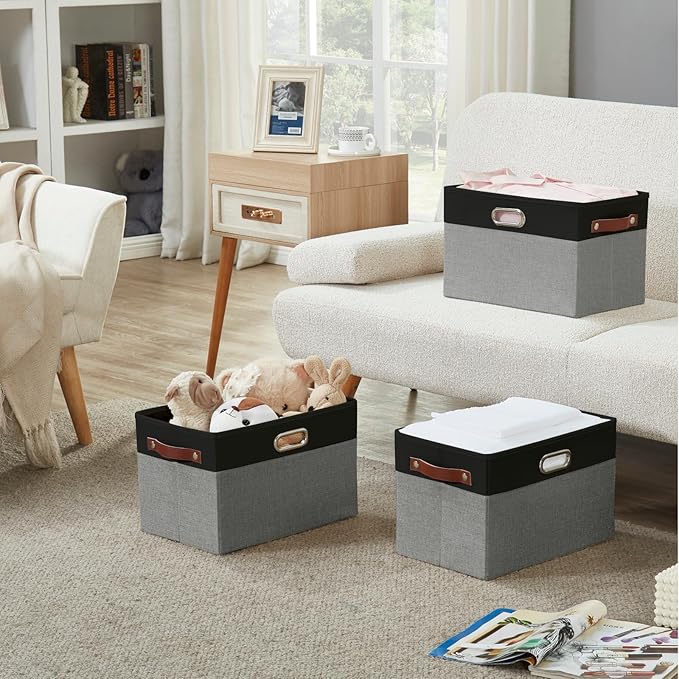 Bagnizer Large Collapsible Fabric Storage Bins with 3 Handles, Foldable Organizer Baskets for Closet, Shelves, Living Room | 3 Pack, Durable PU & Metal Handles (14.9"x9.8"x9.8", Black & Gray)
