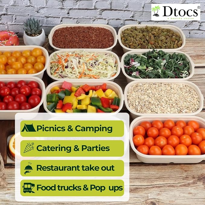 Dtocs Disposable Meal Prep Containers with Lids 28 oz (50 Pack) – Heavy Duty Bamboo Fiber Food Containers | Leak Resistant, Microwave & Freezer Safe No Plastic To Go Boxes for Catering, Takeout Meals