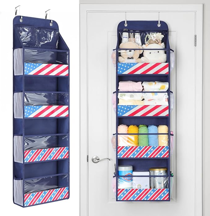 Yecaye 5 Tier Over the Door Organizer, Swing-proof Door Organizer Hanging with Clear PVC Windows, Behind the Door Storage for Bedroom Nursery Closet Laundry Pantry Bathroom, Navy Blue