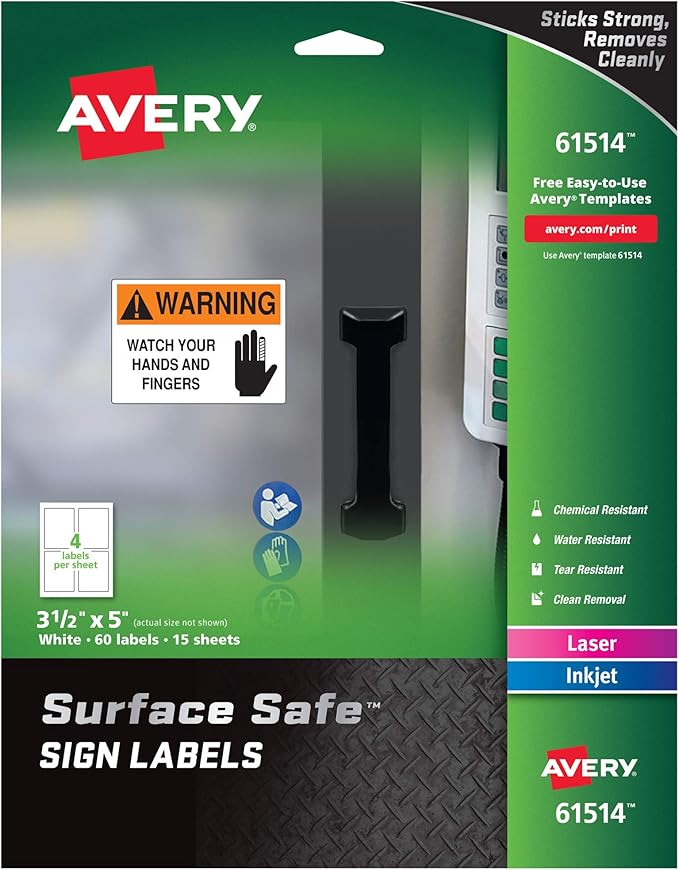 Avery Printable Warning Signs, 3.5" x 5", Water/Chemical Resistant, 60 Removable Labels (61514)