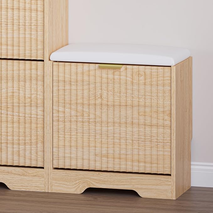 BORNOON Slim Shoe Cabinet with Bench for Entryway, Hidden Storage and Adjustable Shelves, Free Standing Wooden Shoes Organizer for Hallway, Foyer
