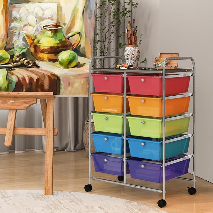 COSTWAY 10 Drawer Rolling Storage Cart, Utility Cart with Lockable Wheels | Mobile Art Supply Craft Organizer with Metal Frame, Multipurpose Drawer Cart for Paper for Office, School, Rainbow