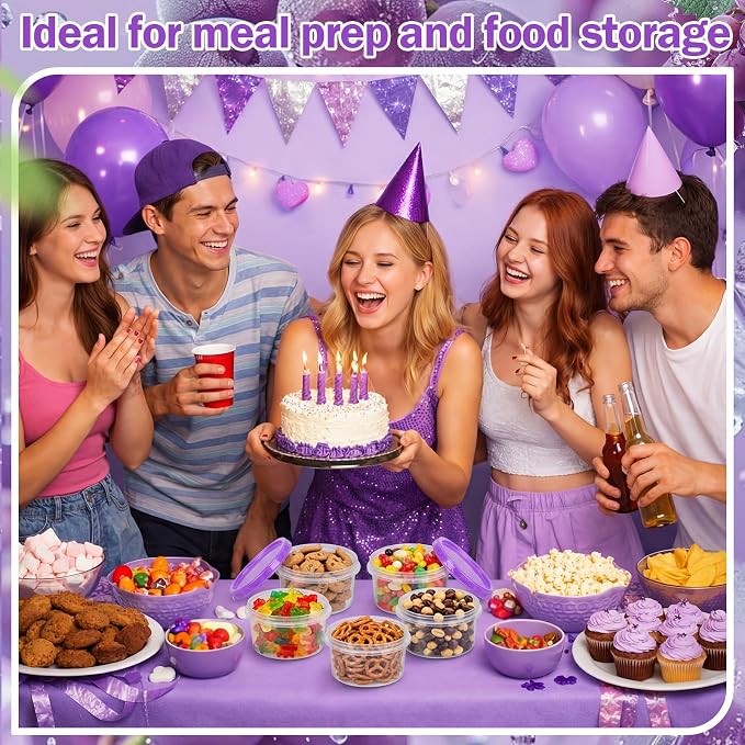 Sieral 16 Pack 8 oz Freezer Containers with Lid Reusable Deli Freezer Storage Containers Stackable Plastic Ultra Thick Twist Top Jar for Takeout Food Round Wide Mouth Lunch Snack (Purple)