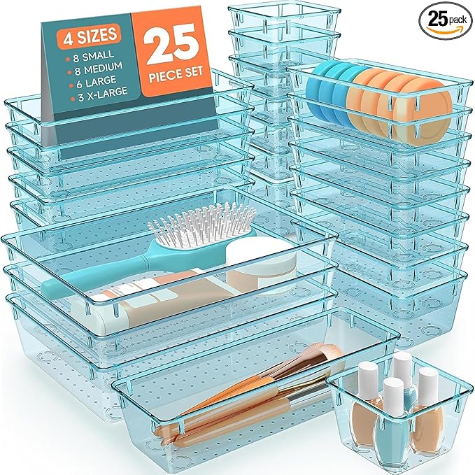 SpaceHacks 25 PCS Plastic Drawer Organizer Set, 4-Size Versatile Organizer Trays & storage Bins for Makeup, Jewelry, and Gadgets in Bathroom, Bedroom and Office, Sea Blue