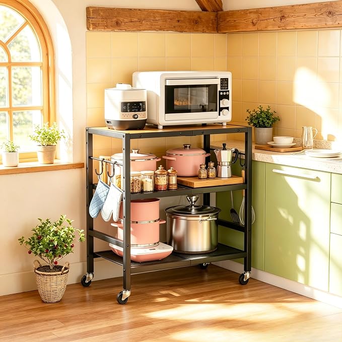 Rolling Kitchen Microwave Cart, 3 Tier Microwave Stand with Wheels, Bathroom Organizers and Storage Shelf, Serving Cart, Baker's Rack, Coffee Bar Table Station for Kitchen, Office, Brown