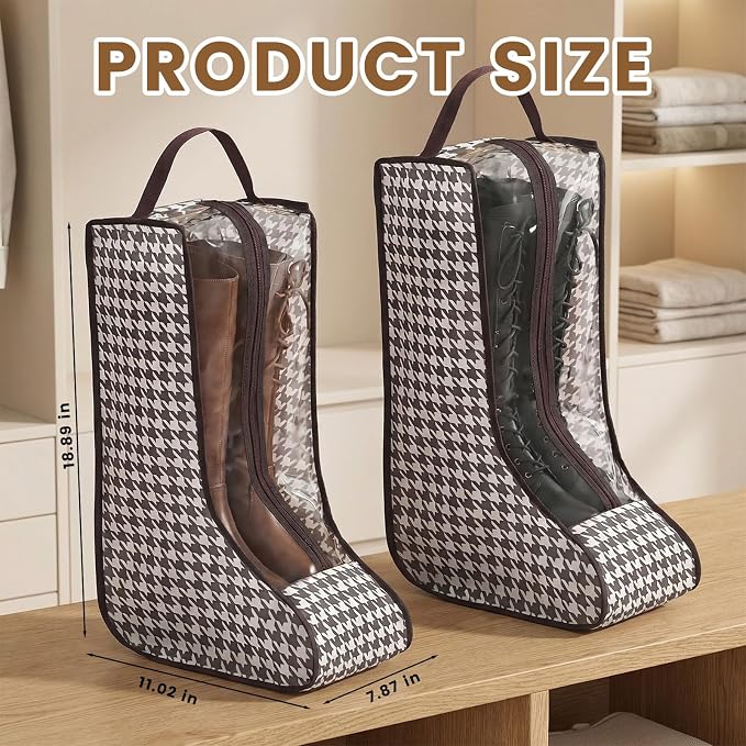 4 Pcs Boot Bags with Handles for Cowboy Boots Houndstooth Shoe Dust Proof | Boot Storage Organizer Tall Boots, Travel Shoes Organizer for Packing, Daily Use, Home Closet Organization