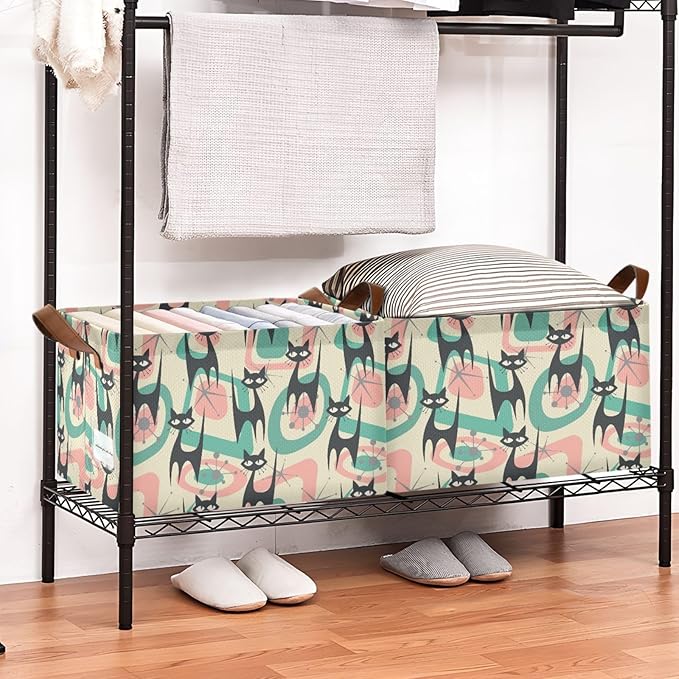 Mid Century Atomic Black Cat Storage Basket Foldable Cube Storage Bins with Handles&Label Waterproof Collapsible Organizer Box Bin Large Rectangle Decorative Baskets for Shelves Home Room Laundry