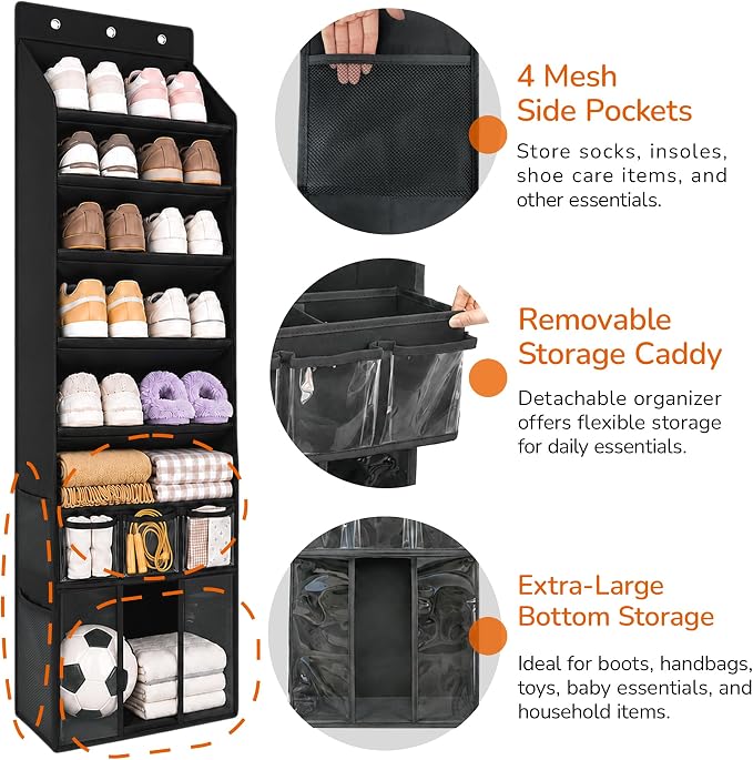 3in1 Over The Door Shoe Organizer with 5 Slanted Compartments,Removable Storage Bin & Transparent Pockets,Thickened Waterproof Oxford Fabric Shoes Rack for Shoes,Boots,Toys,Daily Essentials. (Black)