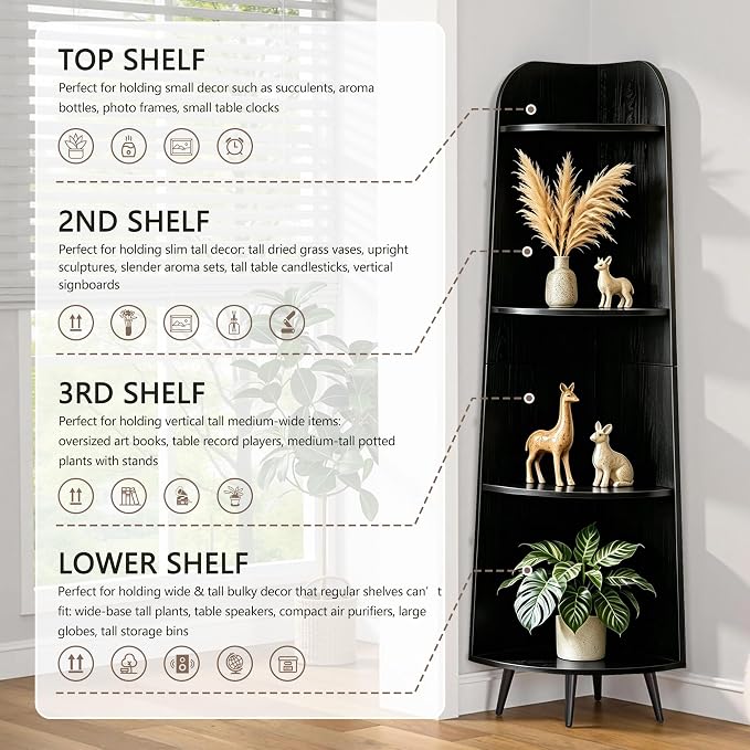 VECELO 4-Tier Curved Corner Shelf, 66.93" Tall Freestanding Corner Bookshelf, Narrow Vertical Corner Display Rack with 17.32" Spacious Open Tiers for Bedroom Living Room Small Spaces, Natuarl Wood