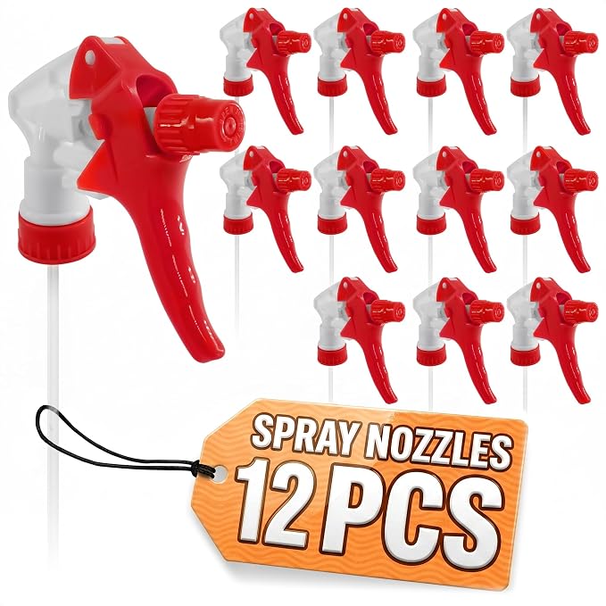 Spray Bottle Nozzle Replacement 12 Pack, Fits 8-32oz Bottles (Red) | Replacement Trigger Sprayer Heads for Bottles; Fits 28-400 Thread, Trim-to-Fit Tube; for Cleaning, Garden & Pet Carefor