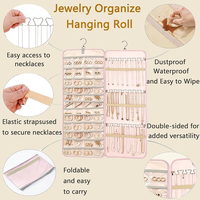 Hanging Jewelry Organizer, Double-Sided Jewelry Organizers and Storage with 48 Pockets and 21 Hooks for Necklaces Earrings Rings, Jewelry Travel Roll Over the Door for Closet Wall (1, Pink)