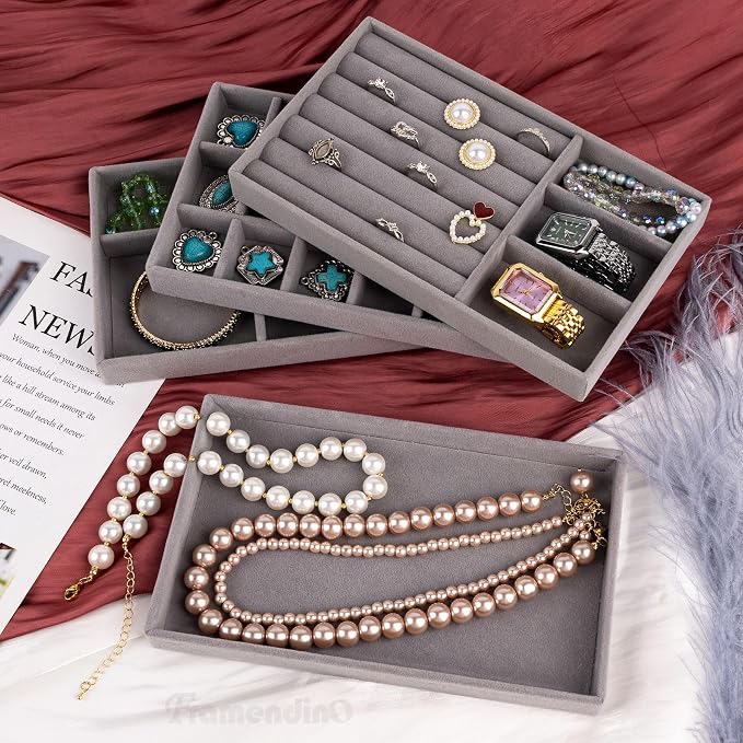 Framendino, 4 Pack Grey Velvet Jewelry Trays Stackable Organizer Drawer Inserts Container Display Case for Bracelets Necklaces