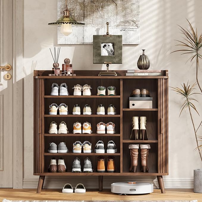 Shoe Cabinet with Sliding Door, 5-Tier Hidden Shoe Rack with Adjustable Shelves, Wooden Shoe Storage Organizer with Open Bottom Space, Freestanding Shoe Shelf for Entryway Hallway Apartment, (Walnut)