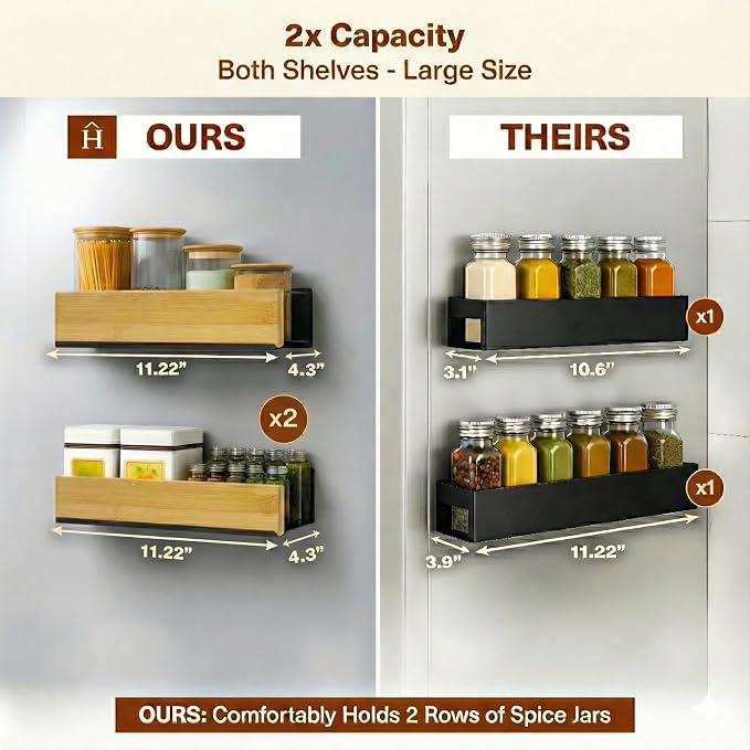2 Pack Magnetic Spice Rack for Refrigerator – Strong Magnetic Shelf for Fridge, Large Spice Organizers, Paper Towel Holder & 8 Hooks – Kitchen Storage by Home Haven.
