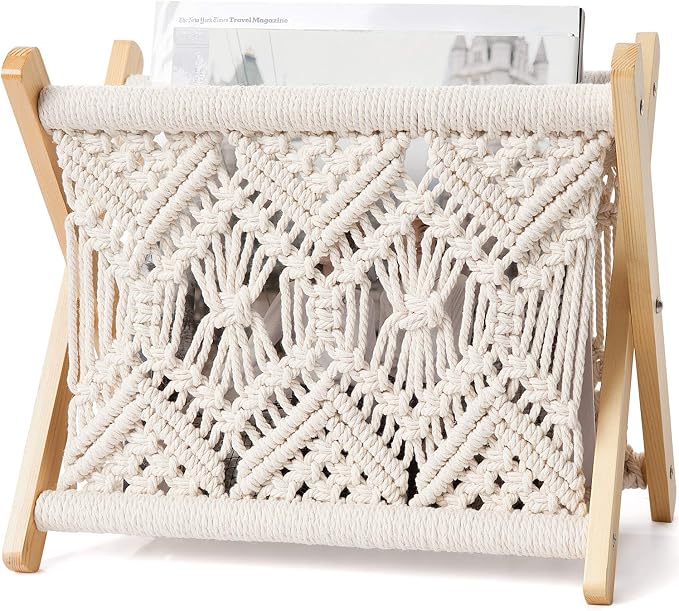 Mkono Macrame Magazine Holder, Boho Woven Book Rack Basket, 11.2"L x 7.5"W | Boho Decor, Mail Paper Vinyl Storage, Living Room Bedroom Bathroom Nursery Dorm Office, Handwoven,Space-Saving, Ivory