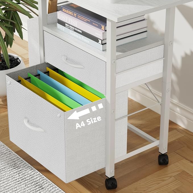 GYIIYUO 2 Drawer File Cabinet with 24'' Extended Desktop, Mobile | Rolling Filing Cabinet, Side Bag, Fits A4/Letter Size, Rolling Printer Stand, Home Office, Fabric Drawer, White