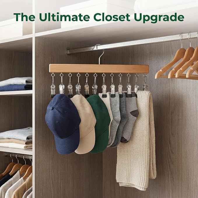 Closet Organizer with 12 Clips, 2 Pack Closet Space Savers for Hanging Clothes, Wooden Pants and Leggings Hangers with 360° Rotating Hook, Space-Saving Hat Scarf Clothespins, Walnut Wood Color