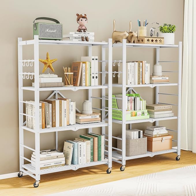 Fenbeli Foldable Shelves with Wheels - 4 Tier Folding Shelf, Collapsible No Assembly Metal Shelving Unit, Origami Storage Shelves & Rolling Storage Rack with 8 Hooks for Kitchen Pantry Garage