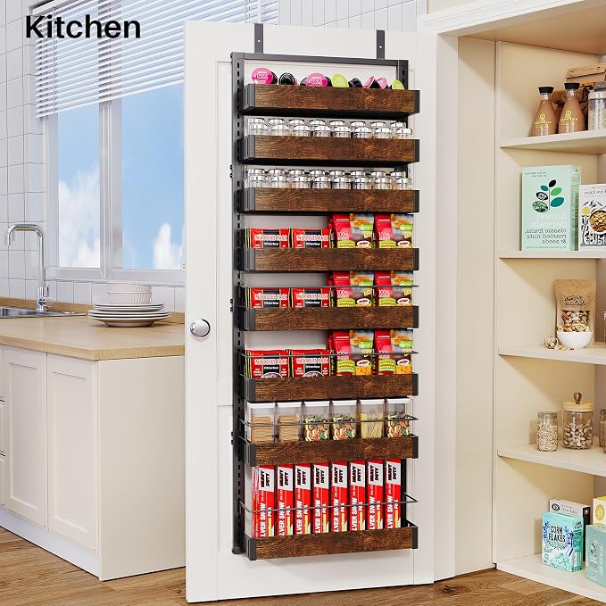 SNTD 8 Tiers Over the Door Organizer - Height Adjustable Pantry Organizers and Storage with Dense Mesh Baskets, Hanging Door Spice Rack for Kitchen Bathroom (Rustic Brown, 17" W x 6" D x 69" H)