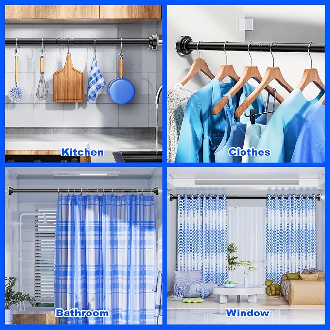 Ausemku Shower Curtain Rod - 32-104 Inch Rustproof Tension Rod, Non-Slip Spring Design, No Drilling Adjustable Curtain Rod for Bathroom, Kitchen, and Closet（Black）