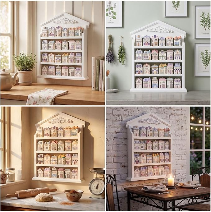 Chunful Vintage Spice Jar Wooden Rack with 4 Tier Hanging Spice Rack Wall Mounting Kitchen Storage Village Style Display Shelf for 24 Jar, Christmas Wedding Bridal Gift, Shelf Only(Carving)