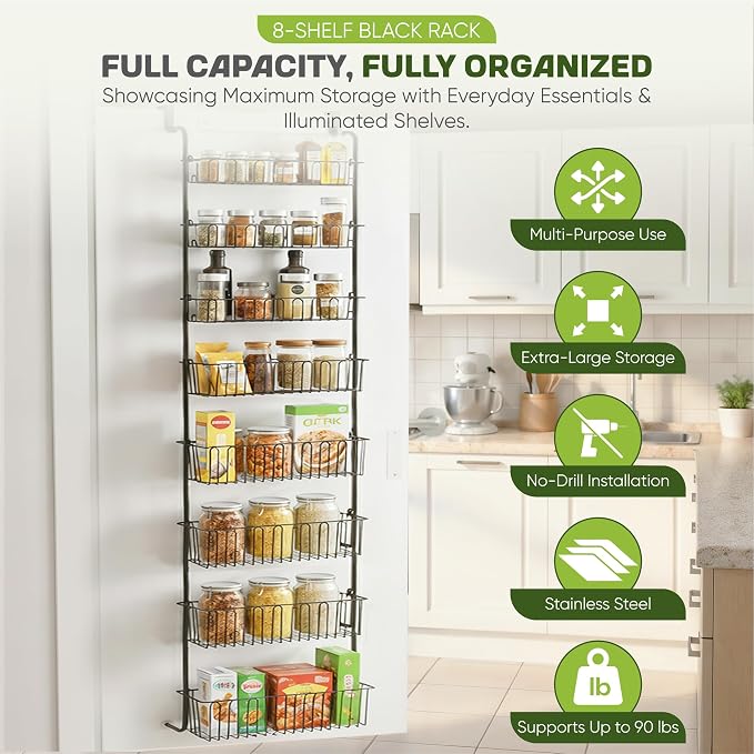 Over Door Organizer Storage - 8 Tier Black Metal Over the Door Pantry Organizer Heavy Duty Hanging Storage Rack, Behind Cabinet Shelves for Home, Kitchen, Bathroom, Closet, Pantry.
