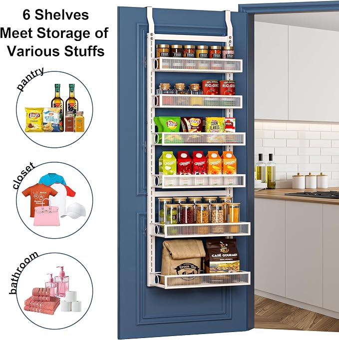 Over the Door Pantry Organizer 6 Tiers Hanging or Wall Mounted Spice Rack with Adjustable Basket,Heavy Duty Metal Seasoning Organizer Shelf for Kitchen Pantry and Bathroom