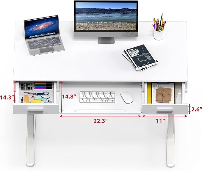 SHW 48-Inch Electric Height Adjustable Desk w/Keyboard Tray, White | w/ 2 Drawers | Memory Presets and Cable Management | Hanging Hooks