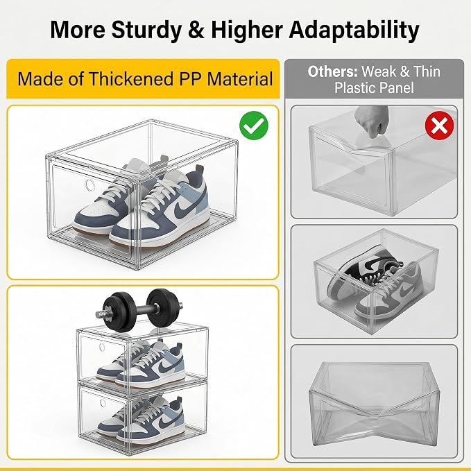 9-Ply Thick Clear Shoe Boxes 9 Pack, Heavy Duty Stackable Shoe Storage Bins with Magnetic Door, Foldable Plastic Shoe Containers for Sneaker Closet Organization