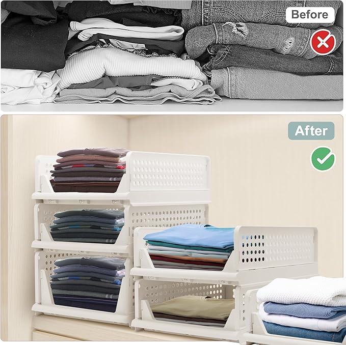 Goderewild Stackable Foldable Storage Baskets, Folding Storage Bins, Closet Organizers and Plastic Drawer Shelf Storage Container for Wardrobe, Cupboard, Kitchen, Bathroom, Office (White, 4L)