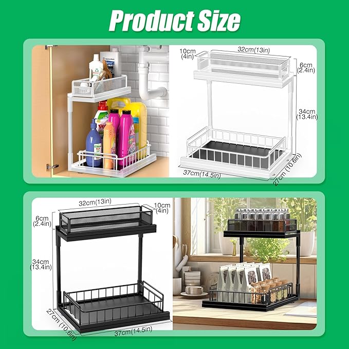 Under Kitchen Sink Pull Out Organizer, Pull Out Under Cabinet Organizer with 2 Tier for Kitchen Bathroom, Home Kitchen Storage Organization, Black, 2 Pack