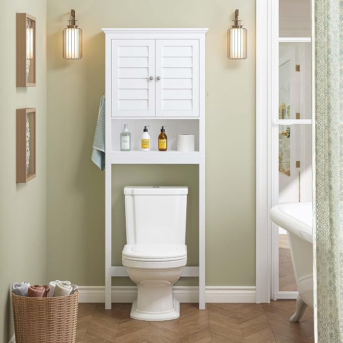 Spirich Over The Toilet Storage Cabinet with Louvered Doors & Hooks, White | Space-Saving Bathroom Organizer, Adjustable Shelf & Bottom Crossbar, 34.4-Inch Clearance, Anti-tip Device, FSC-Certified MDF