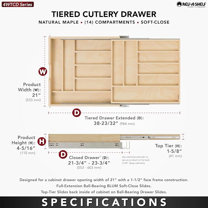 Rev-A-Shelf Maple Two-Tier Cutlery Replacement Drawer System w/BLUM Soft-Close for Face Frame Base Kitchen Cabinets, Kitchen Drawer Organizer, Min Opening Width of 21", 4WTCD-24HSC-1