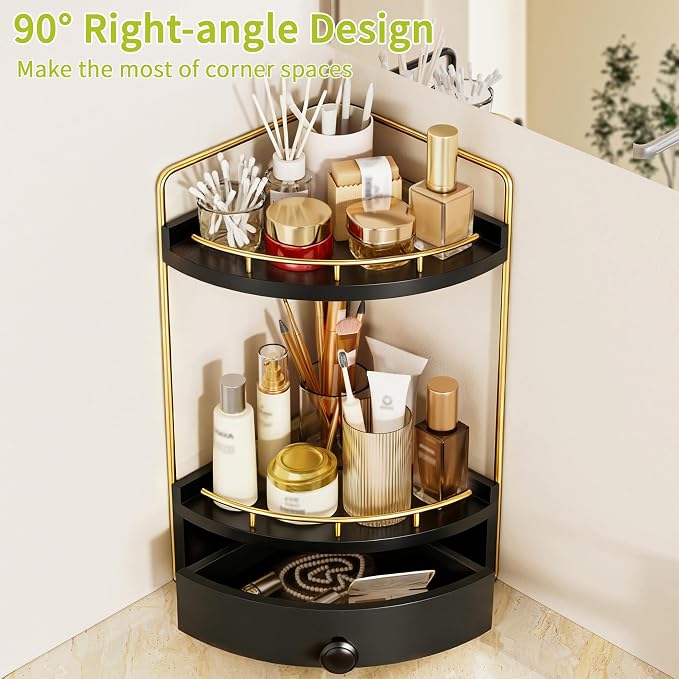 2-Tier Corner Bathroom Counter Organizer with Drawer, Black Gold | Embedded Screw Holes, Wooden Countertop Organizers, Space-Saving, Bottom Ventilation Design, Counter Shelf for Vanity