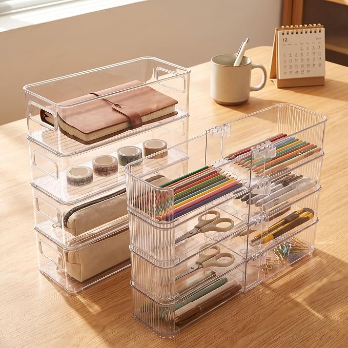 8-Piece Kitchen Storage and Organization Set | Expandable Drawer Organizer Bins and Stackable Storage Containers for Cabinet, Pantry,Refrigerator,Clear Plastic Adjustable